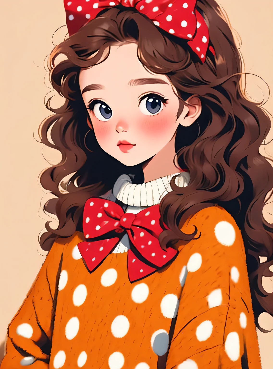 (masterpiece, best quality:1.2), 1 girl, alone，wavy hair，bow headband，polka dot sweater，Sweater details，clean background