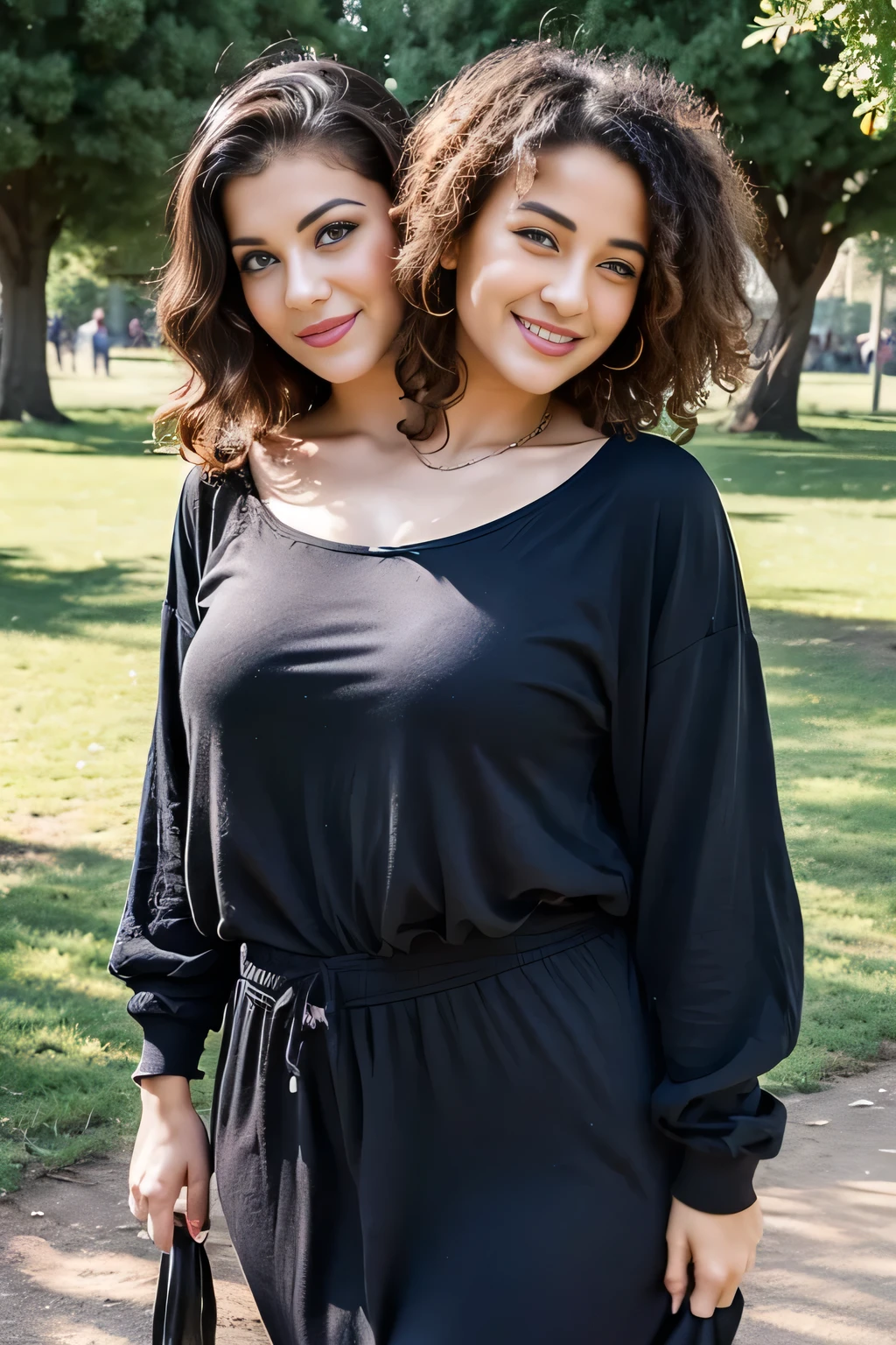 2heads, female couple, age 28, two heads on one body, one torso, hipsters, middle eastern, curly hair, casual clothes, in the park