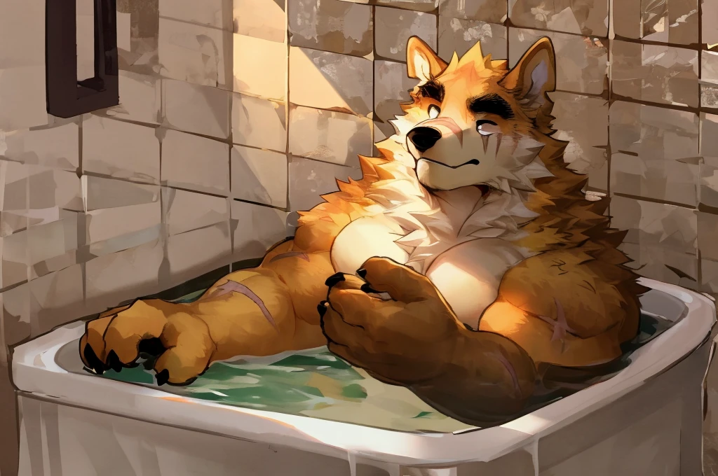 Copper RTF, masterpiece, single，best quality, Absurd answer, By Qingshan, cooperrtf，hairy, dog, male, muscular, Solitary,Black pupil, black eyes, Thick eyebrows, Orange fur, Brown fur, (Scars on eyes:0.9), Fluffy, Tail, bath，Backlight, White tiled walls，Lovely body proportions