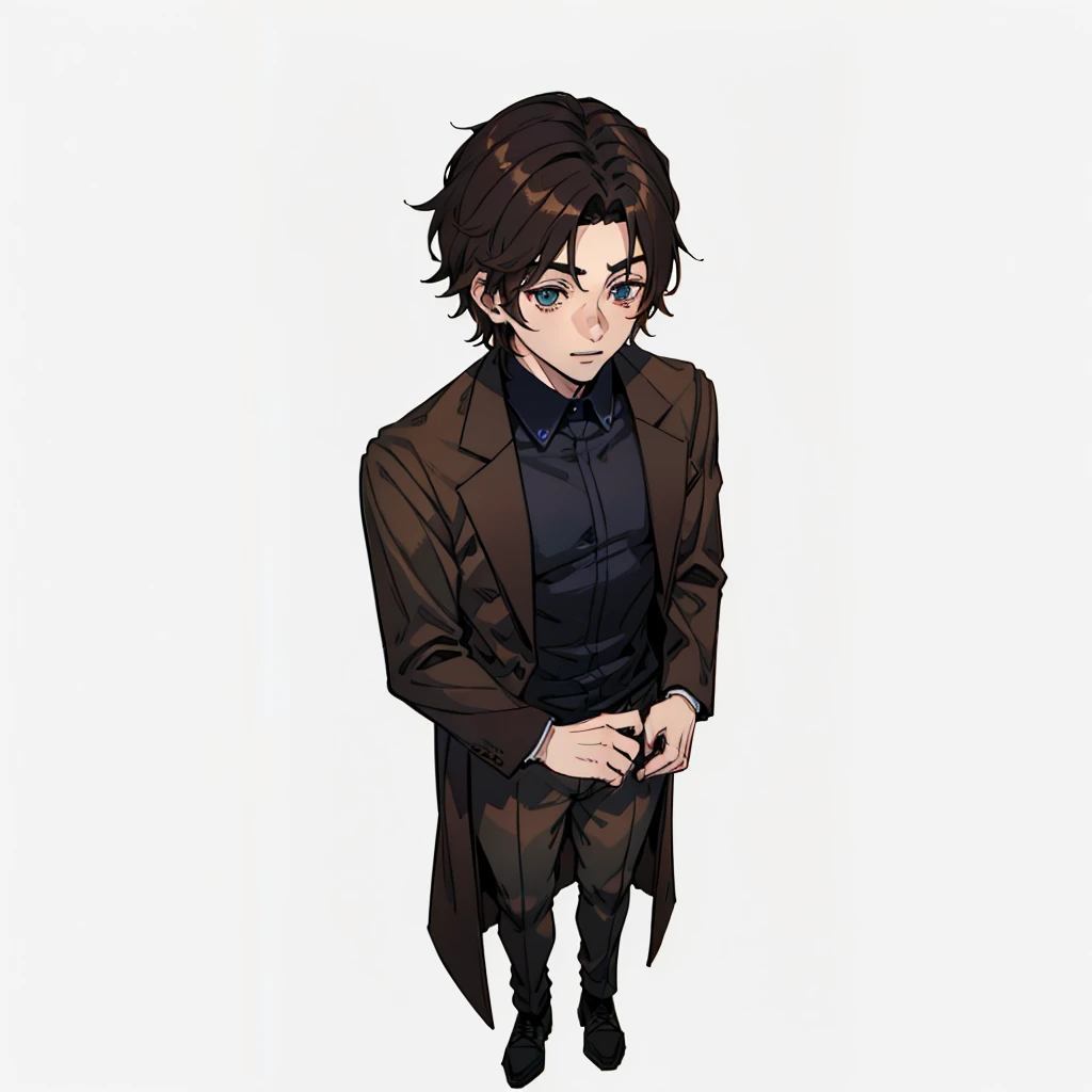 A 24 year old man, he's low (1,67), has brown hair and eyes. He is usually wearing a blue suit that is always open and a black shirt, whole body