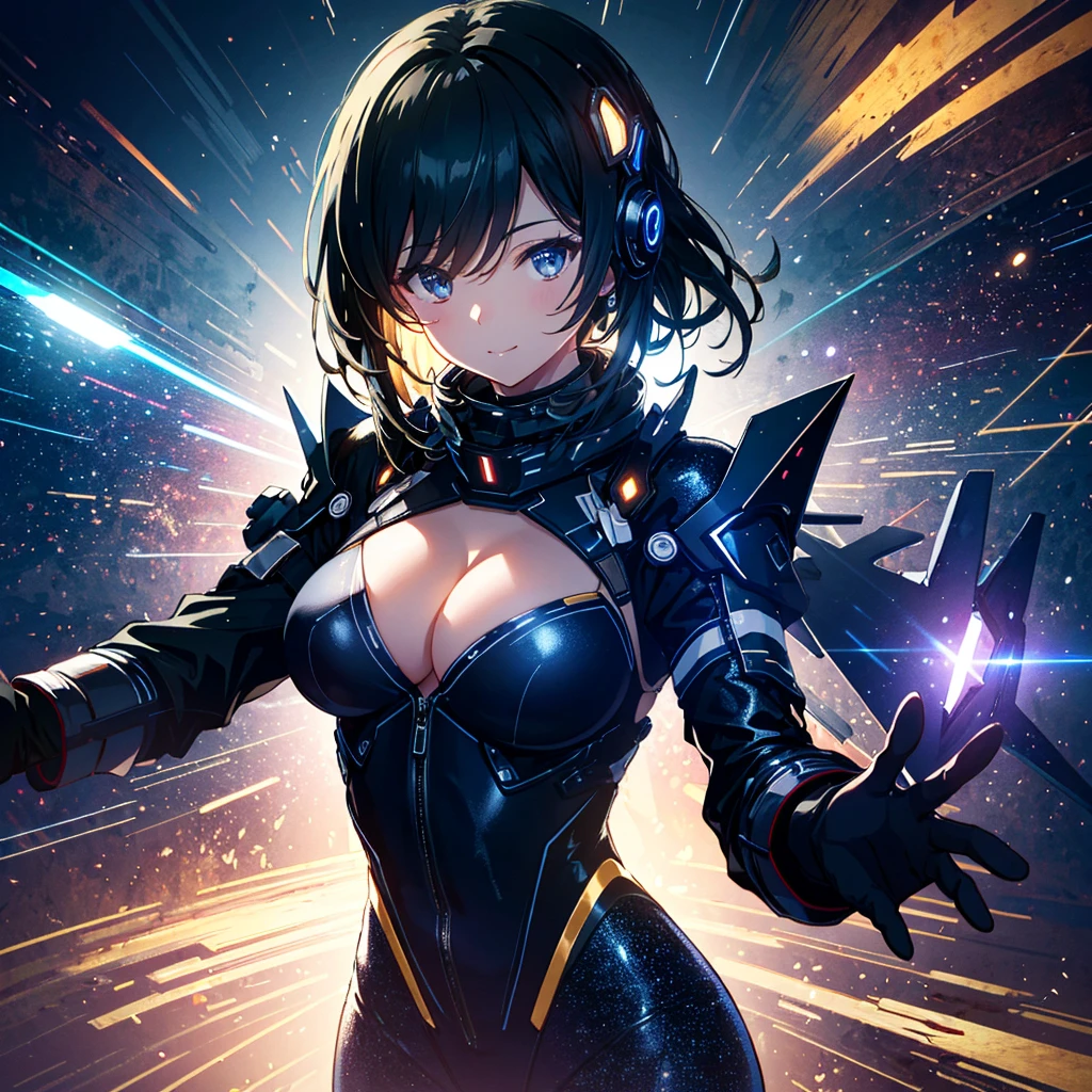 best illustration, High Detail, high resolution, amazing quality, milf, half body, (close-up:1.1), dynamic composition, welcome with open arms, goggle, cleavage, latex bodysuit, (smile:0.7), cyber space background, dramatic Lighting, particles of light photon,