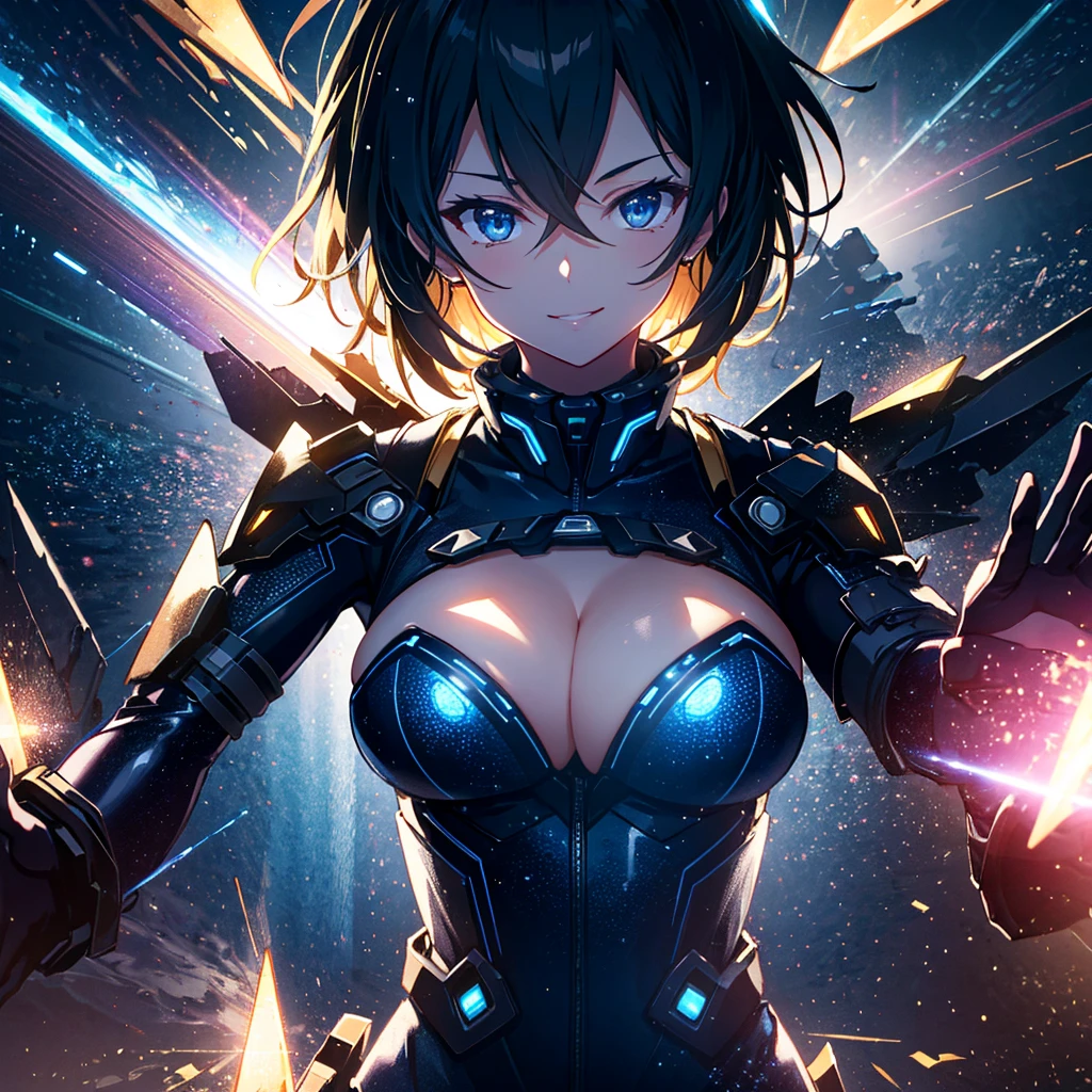 best illustration, High Detail, high resolution, amazing quality, milf, half body, (close-up:1.1), dynamic composition, welcome with open arms, goggle, cleavage, latex bodysuit, (smile:0.7), cyber space background, dramatic Lighting, particles of light photon,