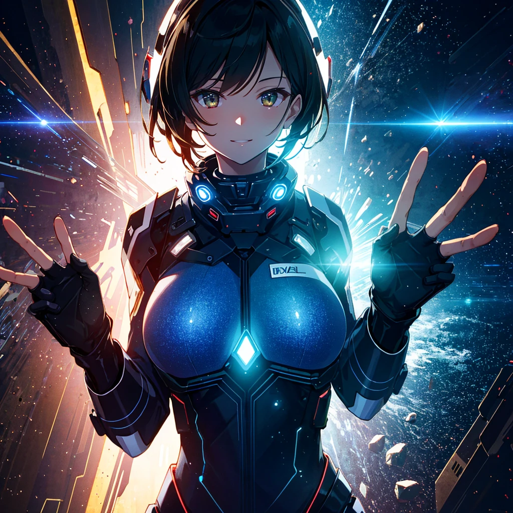 best illustration, High Detail, high resolution, amazing quality, milf, half body, (close-up:1.1), dynamic composition, welcome with open arms, goggle, cleavage, latex bodysuit, (smile:0.7), cyber space background, dramatic Lighting, particles of light photon,