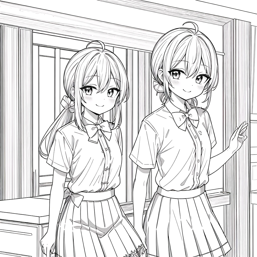 masterpiece, Highest quality,smile, One girl, 一人in, length_hair, Looking_in_Audience, Monochrome, Line art, 校庭in, summer with bow tie, (shirt:1.4), (pleined skirt:1.3), (bow tie:1.4), Short sleeve,, (ponytail), (Single Ahoge),