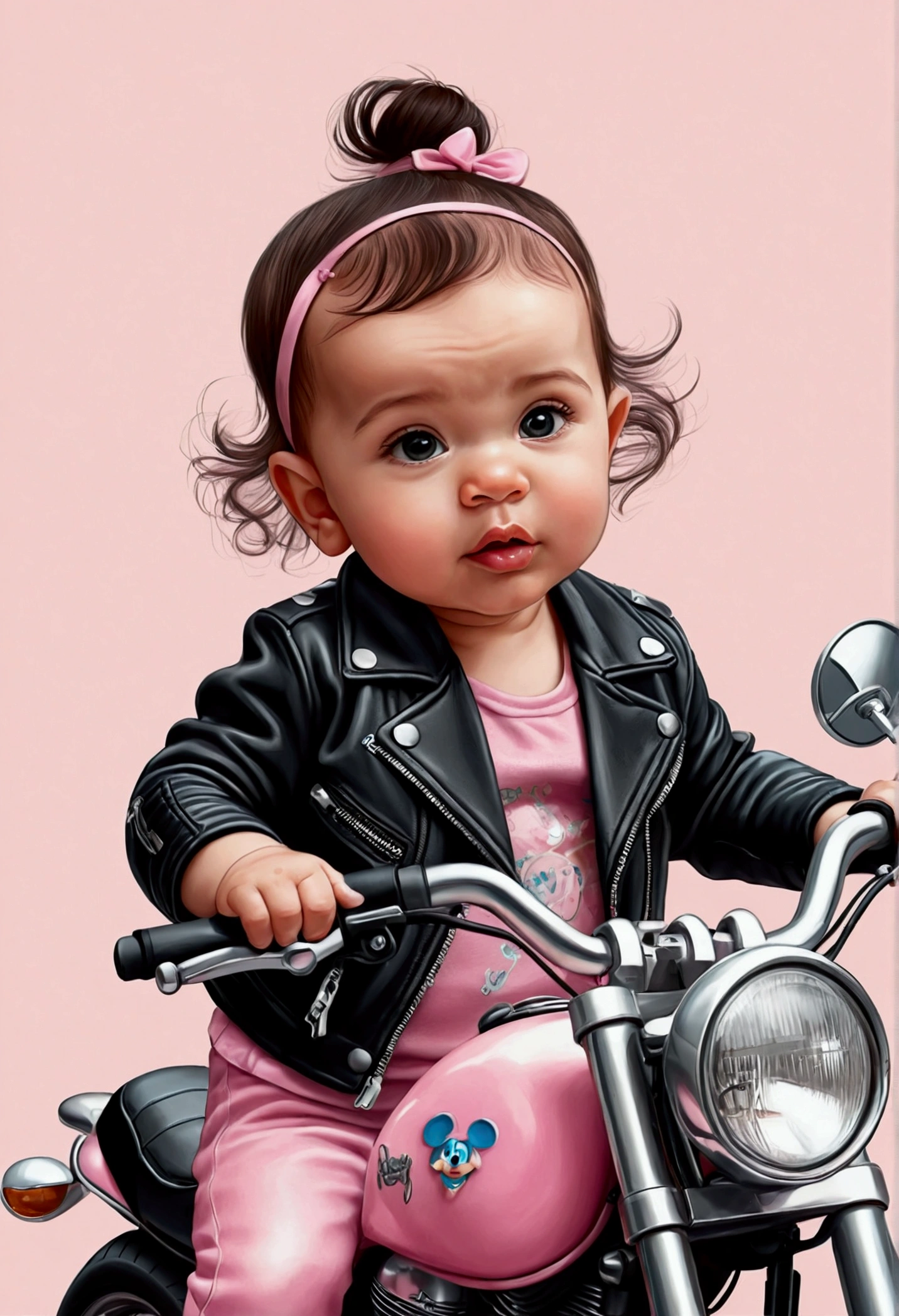 Create a drawing of a  girl who is just a fee must be wearing a pink outfit and a black leather jacket, she must be on a motorbike, Disney drawing style