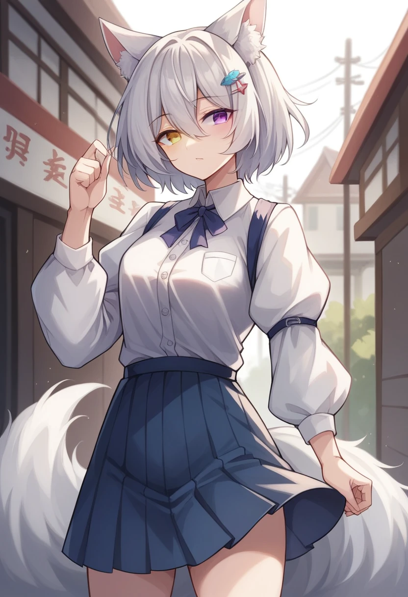 (masterpiece, best quality:1.2)((silver white hair))((heterochromia blue and violet eyes)),solo,1girl,((eyes tilted outwards)), mature_female, milf, animal_ears,averting_eyes,standing_fox_ears,fluffy_fox_tail,hair_between_eyes,basic_blue_hairpin,short_hair, bob_hair, casual_clothing, puffy_sleeves, wide_sleeves, girly_clothes, pleated_skirt