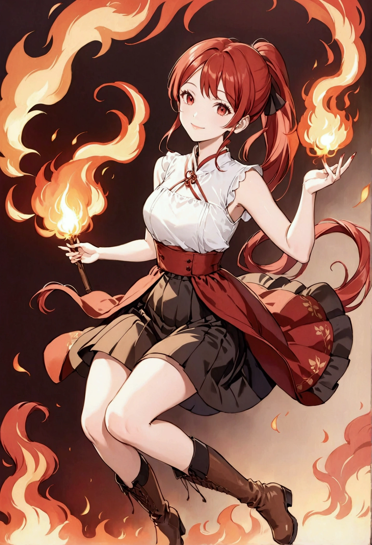 20 years old, long red hair, wears a ponytail, red eyes, always smiling. She dresses in an antique style, wearing a short brown skirt with black shorts underneath, ending above the knees. She wears knee-high brown boots. Her white blouse is sleeveless and features red details. She possesses fire powers and has a fire-themed background." 