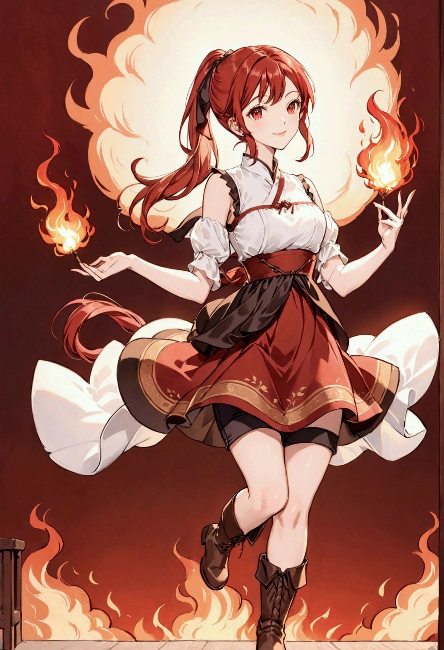 20 years old, long red hair, wears a ponytail, red eyes, always smiling. She dresses in an antique style, wearing a short brown skirt with black shorts underneath, ending above the knees. She wears knee-high brown boots. Her white blouse is sleeveless and features red details. She possesses fire powers and has a fire-themed background." 