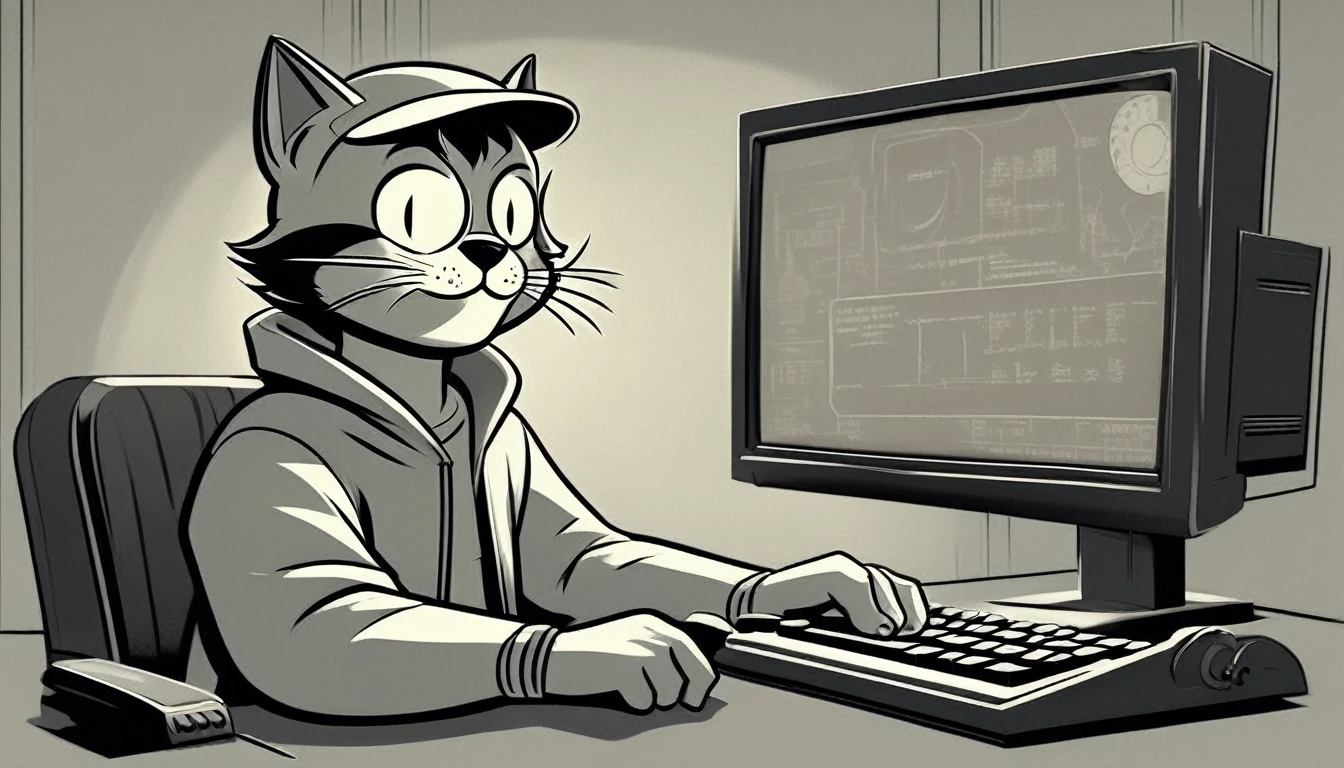 Generate an image in the style of a 1950s and 1960s advertisement featuring: personagem: cat (like the vault boy) with a hoodie like a hacker and circular glasses in front of a computer. The background should be simple and uncluttered. Use only this cores: limited color palette of gray tones Use: clear lines, thick lines, and bold outlines
