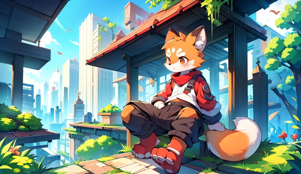 Red Panda Boy,8k resolution,Furry, Uniform attire,Red collar,feetは二つ,feetで立つ! towering,lanky,lanky,:slim body,:tall hands,feet,It's bright outside,Collapsed City,building,broken,・split arms,・bad anatomy,・bad body,City of Hills,rain,Cyber Park,Future Tokyo City,