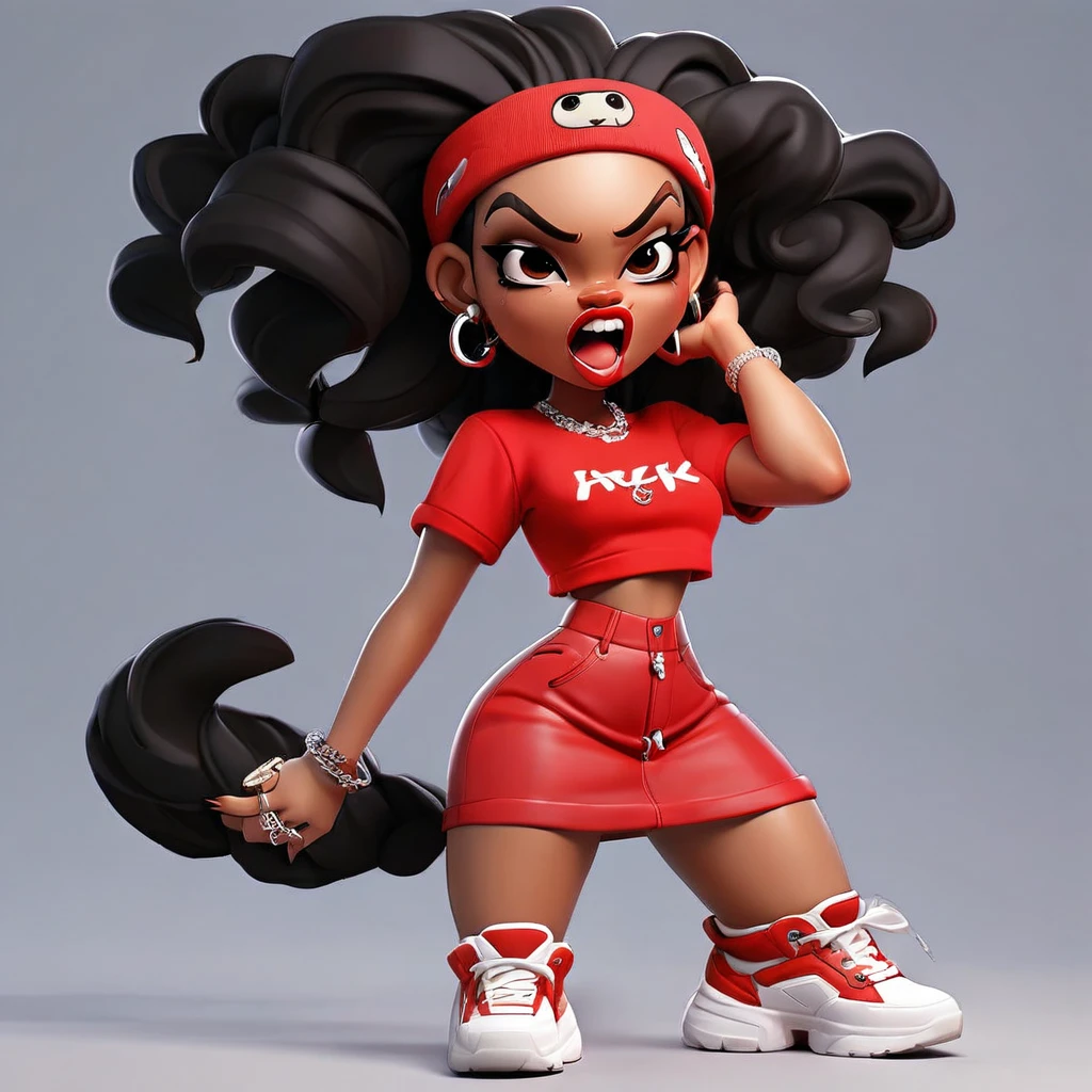 Cute 3D character, a angry light skin woman in a red cropped t - shirt and a black purse, y2k style, thick body, thick hips, black long straight hair , wearing a sexy cropped tops, diamond grillz on teeth, red hair band, black short skirt, doja cat, wearing a cropped top, belly button showing, rapper, graphic tees shirt, black and red aesthetic, light skin tone