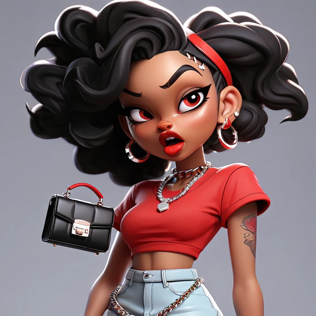 Cute 3D character, a angry light skin woman in a red cropped t - shirt and a black purse, y2k style, thick body, thick hips, black long straight hair , wearing a sexy cropped tops, diamond grillz on teeth, red hair band, black short skirt, doja cat, wearing a cropped top, belly button showing, rapper, graphic tees shirt, black and red aesthetic, light skin tone