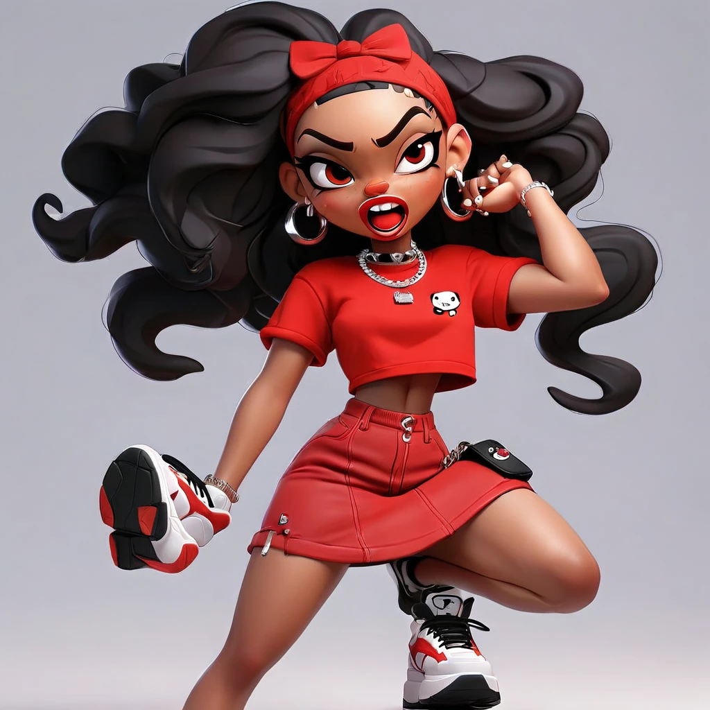 Cute 3D character, a angry light skin woman in a red cropped t - shirt and a black purse, y2k style, thick body, thick hips, black long straight hair , wearing a sexy cropped tops, diamond grillz on teeth, red hair band, black short skirt, doja cat, wearing a cropped top, belly button showing, rapper, graphic tees shirt, black and red aesthetic, light skin tone