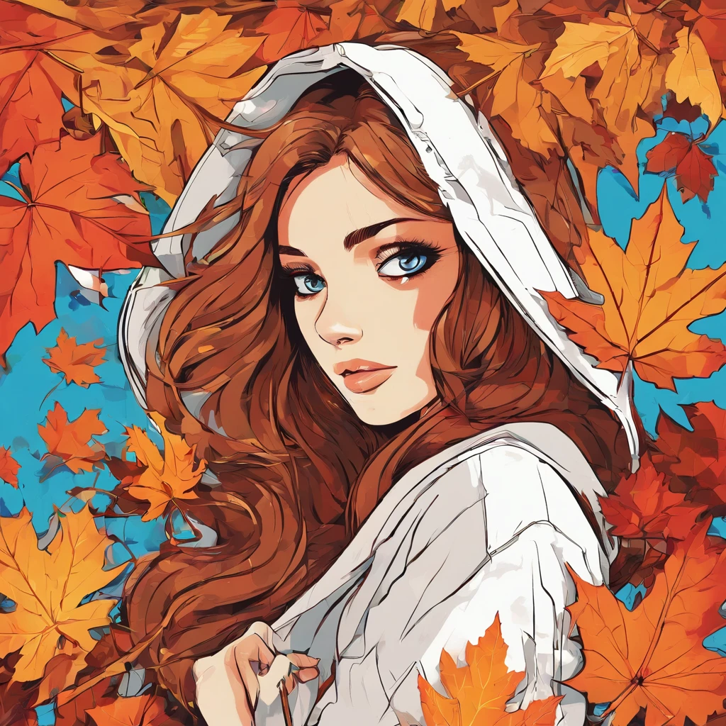 (masterpiece), Best quality, ultra detailed, illustration, warm lighting, soft lighting, bright colors, 1 girl, One,( beautiful girl, long hair, Blue eyes, tape, Brown hair, hair between eyes, hair tape, sidelocks, very long hair, dirty hair,) , autumn, many maple trees, Maple leaves, Golden leaves, autumn foliage, Dried leaves, River, Fresh air, World, cool breeze , sweater weather,( wear a white or brown sweater, red scarf, A sullen fall, Pensive, melancholy, sad ,worried, yearning,)