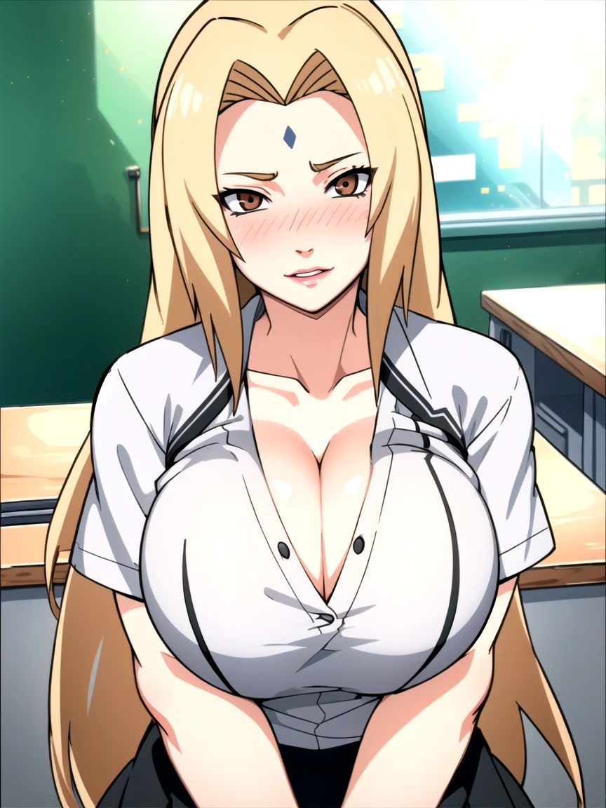 portrait, solo focus, solo, looking at viewer, (parted lips:1.2), (sunlight, bright, sunshine:1.2),((tsunade)), 1 girl,((tsunade milf physique)),(mark on forehead ), long hair, blonde hair, eyes, smile, from front,huge breast huge pelvis thick thighs,((clear details High definition body parts perfect body parts )),(((blush lush blush nose blush blush face ))),(sad expression),((1 girl)),(solo),((front view)),((long distance between viewer)),((standing)),((school uniform:1.5)),((deep cleavage exposing breast)), (white indian dress:1.5), slim waist, curvy figure, arms behind back, cutout_cleavage,((office background:1.5)),((school uniform :1.6)),(white tight shirt:1.5),(black skirt:1.5),(black leg stokings:1.5)