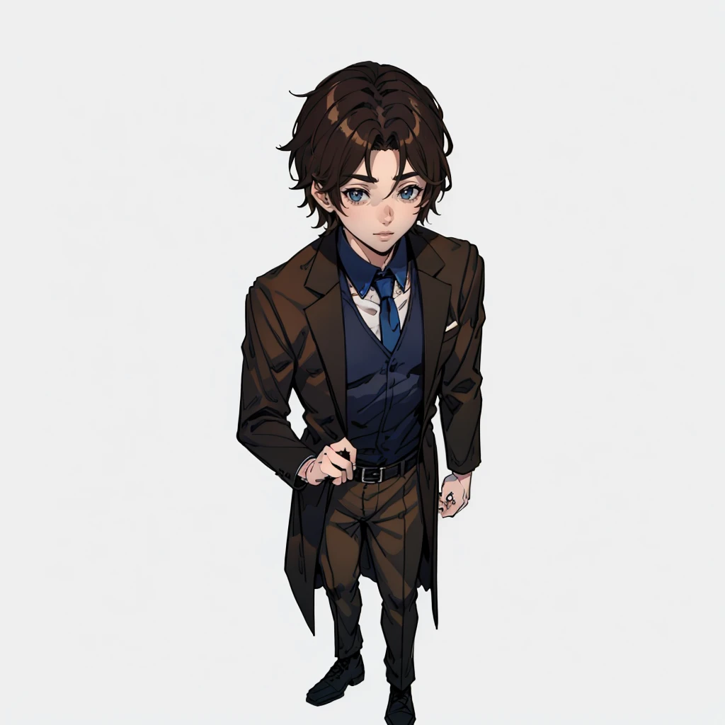 A 24 year old man, he's low (1,67), has brown hair and eyes. He is usually wearing a blue suit that is always open and a black shirt, whole body
