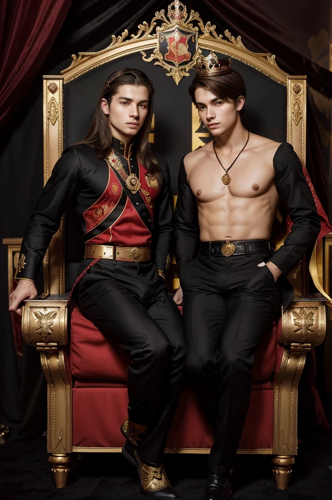 Impeccably detailed image in black, red and shades of gold, photo with graphic heraldry art elements. Harmonious body of a young man sitting on a throne we see the hips, two young men with beautiful bodies on both sides of him holding a crown over his head - coronation theme