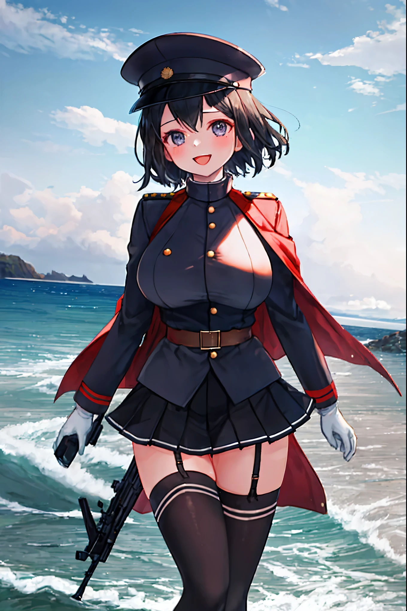 best quality, masterpiece, solo, {akitsu_maru_kantaicollection:1.15}, black_hair, short_hair, hat, peaked_cap, black_eyes, military, big_boobs, 1girl, black_headwear, looking_at_viewer,black_ military_uniform, uniform, military_hat, sea_landscape_background, smile,(plump:0.7),,black_thigh-highs,joylight_open_mouth,