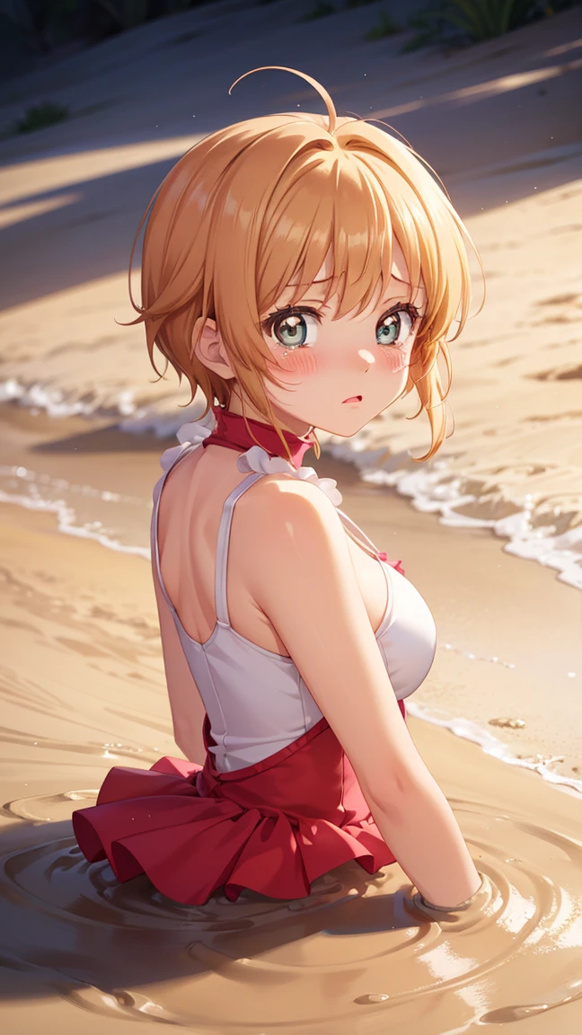 masterpiece, best quality, highres, 1girl, detailed face, blush, anime CG style, (medium breasts), (18 year old girl:1.3), (aged up), good lighting, perfect body, sakura kinomoto, glossy lips, looking back at viewer, tutu, upset, tears in her eyes, (quicksand)