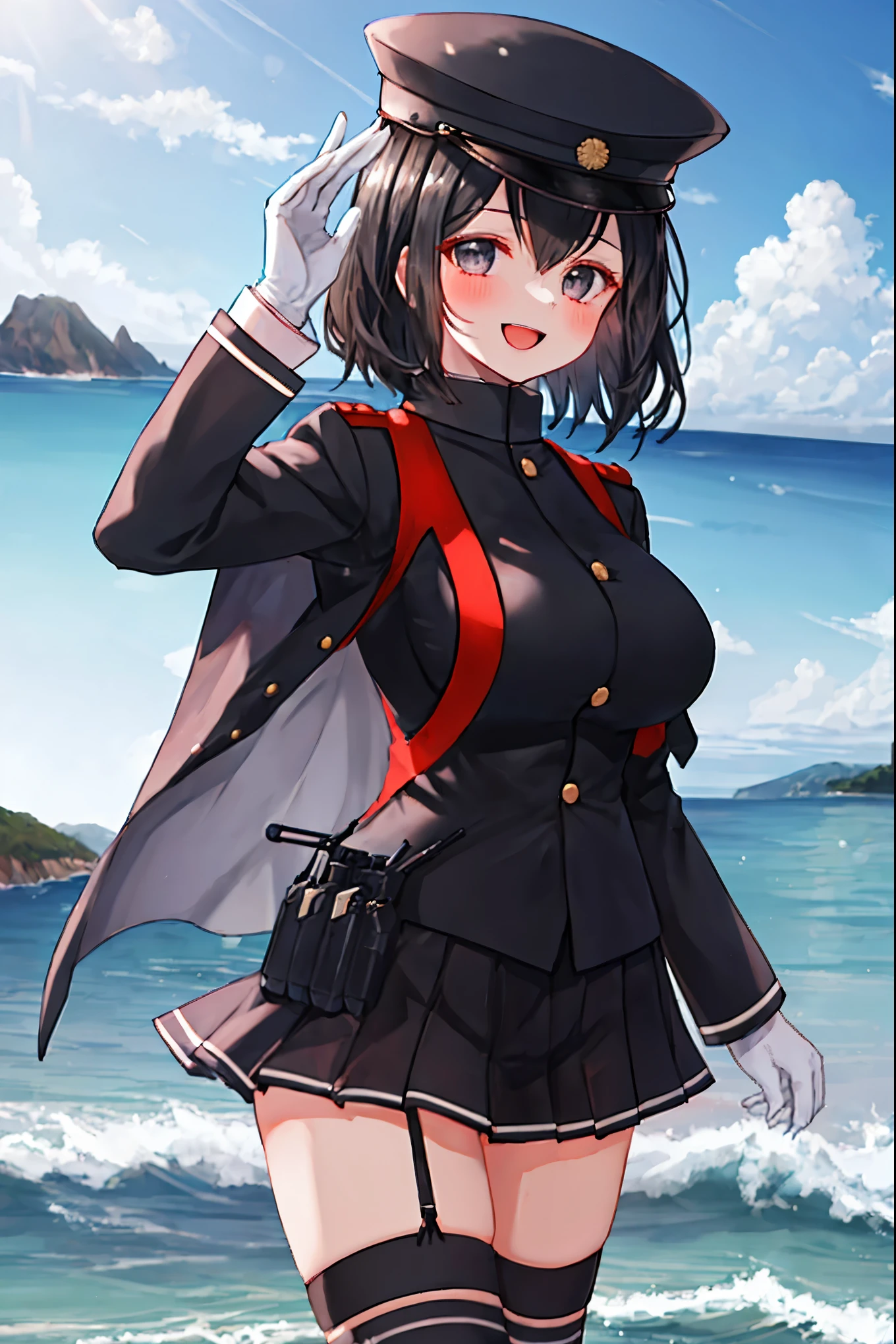 best quality, masterpiece, solo, {akitsu_maru_kantaicollection:1.15}, black_hair, short_hair, hat, peaked_cap, black_eyes, military, big_boobs, 1girl, black_headwear, looking_at_viewer,black_ military_uniform, uniform, military_hat, sea_landscape_background, smile,(plump:0.7),,black_thigh-highs,joylight_open_mouth,