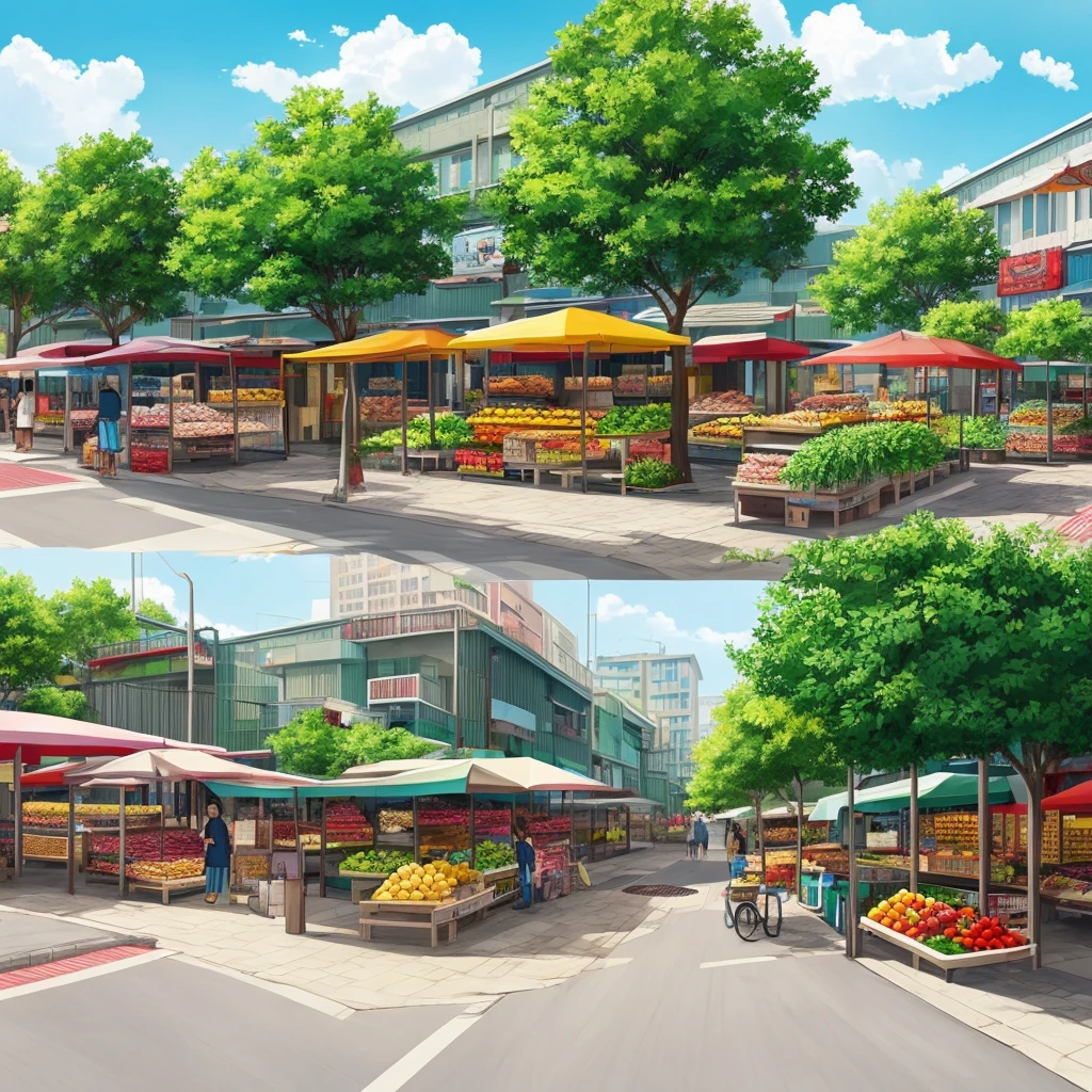 façade, front, outdoor, fruit market novel style, renpy, large environment, no people, single location, anime, scenery, horizontal view