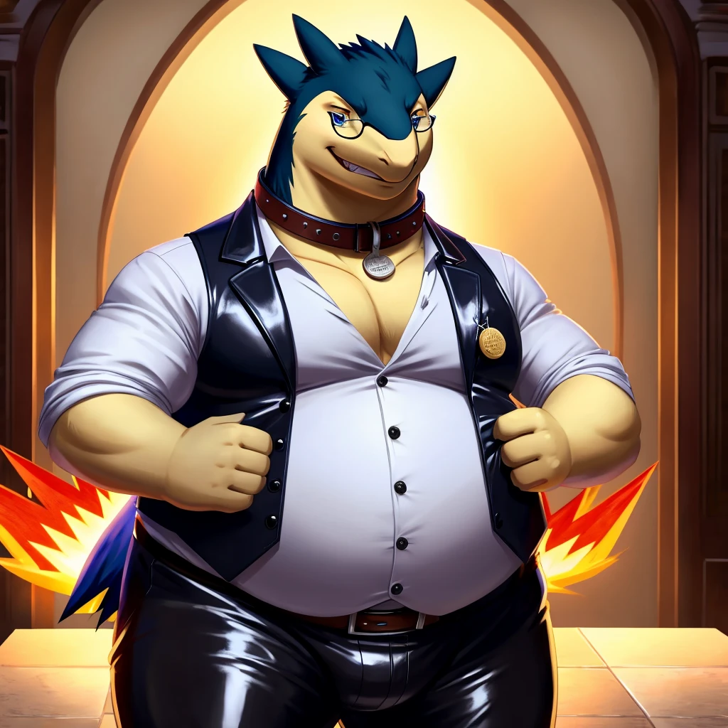 Solo, Male, fat, extremely obese, gentleman, dapper Professor Typhlosion, mob boss, blue eyes, (posing:1.3), (soft shading), 4k, hi res, ((detailed face, detailed)), looking at viewer, mouth wide open, dapper clothing, collared shirt with buttons, bowler hat, male focus, Explorer Outfit, glasses, monocle, vest with buttons, sleeves rolled up, round eyewear, brown headwear, brown vest, office, Typhlosion is wearing a glossy leather dog collar around the neck, Typhlosion is wearing the leather collar and shirt and vest at the same time, Typhlosion is wearing glossy white rubber gloves on the hands, wearing white rubber gloves on the feet, gloves are rubber in texture, clenching teeth, clenching fists, leather collar is glossy and shiny with a lot of detail, Typhlosion is wearing gloves and leather collar at the same time, leather collar has a round dog-tag, leather collar is thick and detailed, leather collar is glossy and shiny, fancy clothing, dapper vest, dapper shirt, leather collar is thick, glossy leather collar.