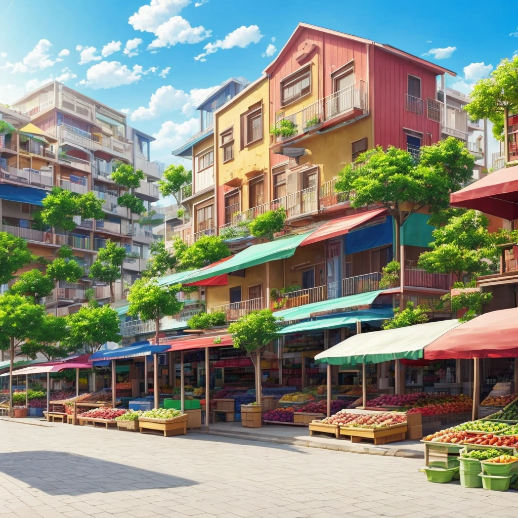 façade, front, outdoor, fruit market novel style, renpy, large environment, no people, single location, anime, scenery, horizontal view