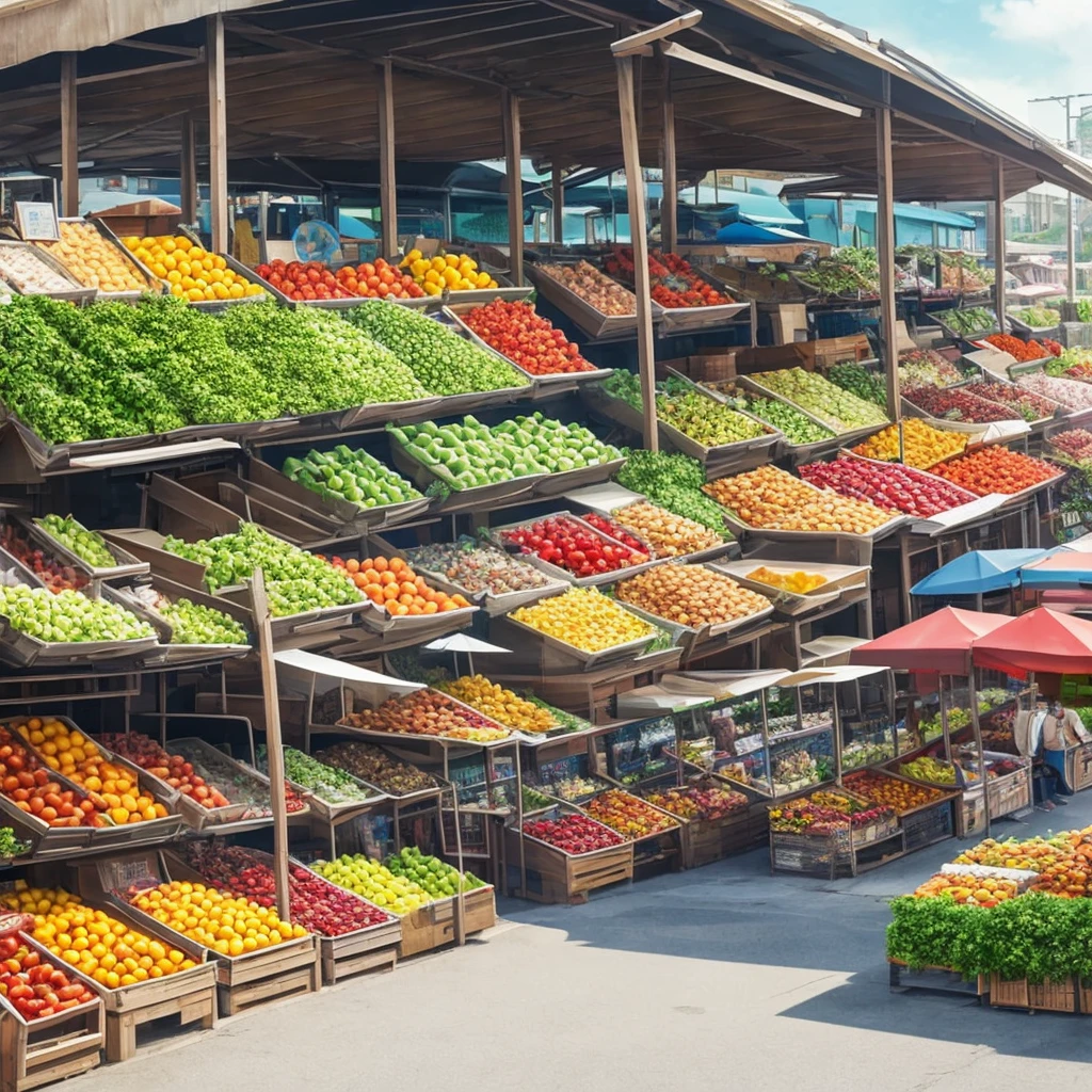 façade, front, outdoor, fruit market novel style, renpy, large environment, no people, single location, anime, scenery, horizontal view