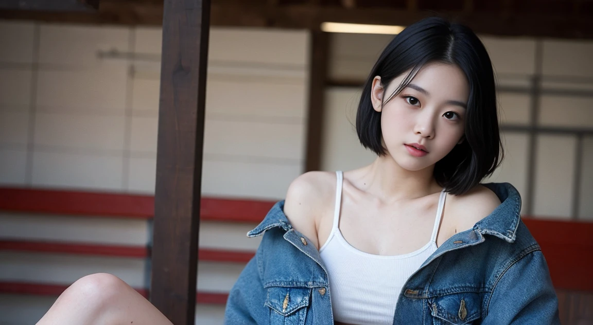 Short cut black hair, girl, denim shorts, red tube top, damaged half denim jacket, shoot large beam gun. High quality, super realistic, masterpiece, 20 years old active.