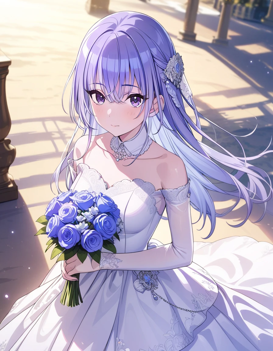 (masterpiece),(best quality),(ultra-detailed),(best illustration),(best shadow),(absurdres),(detailed background),(very aesthetic), 1girl, solo, hana suzuki, long hair, purple eyes, purple hair, wedding dress, closed mouth, holding blue flower ,