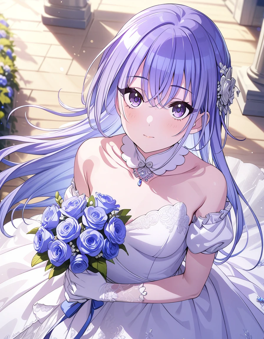 (masterpiece),(best quality),(ultra-detailed),(best illustration),(best shadow),(absurdres),(detailed background),(very aesthetic), 1girl, solo, hana suzuki, long hair, purple eyes, purple hair, wedding dress, closed mouth, holding blue flower ,