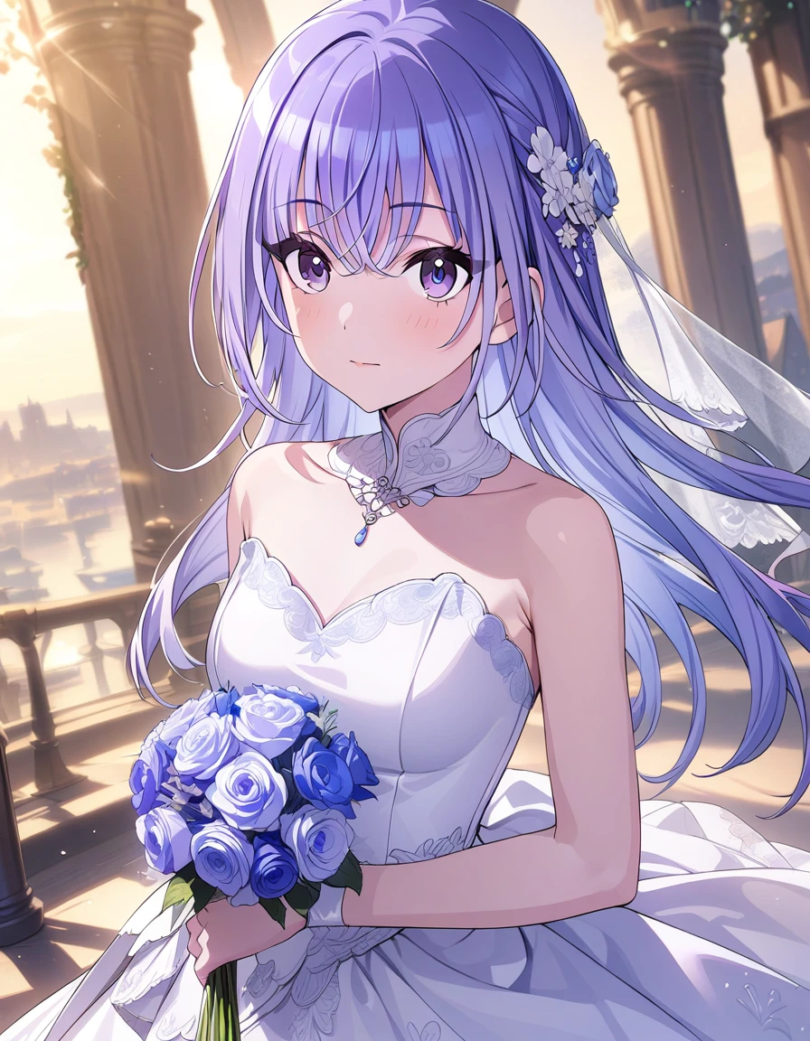 (masterpiece),(best quality),(ultra-detailed),(best illustration),(best shadow),(absurdres),(detailed background),(very aesthetic), 1girl, solo, hana suzuki, long hair, purple eyes, purple hair, wedding dress, closed mouth, holding blue flower ,