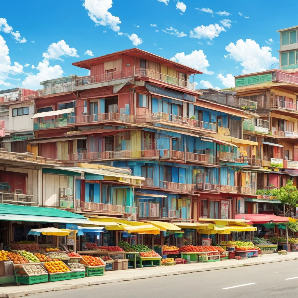 façade, front, outdoor, fruit market novel style, renpy, large environment, no people, single location, anime, scenery, horizontal view