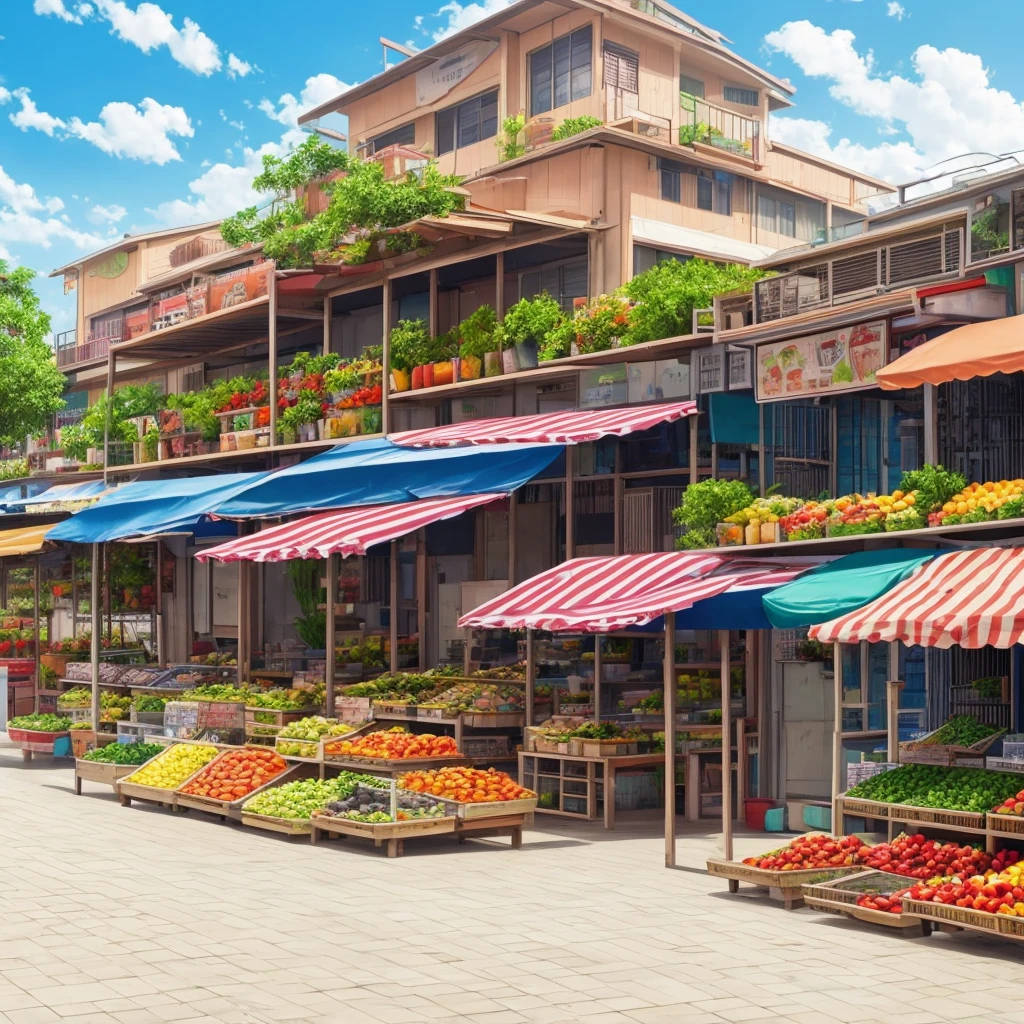 façade, front, outdoor, fruit market novel style, renpy, large environment, no people, single location, anime, scenery, horizontal view