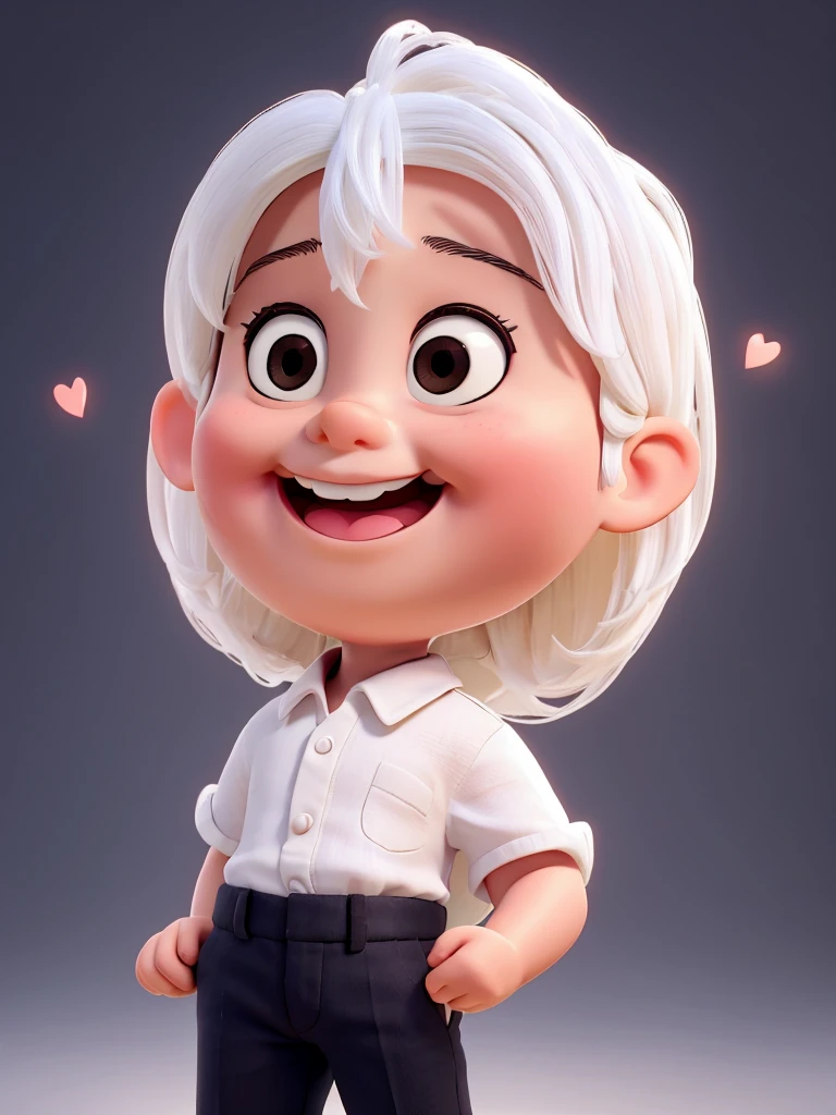The image shows a cute baby with big smile standing with their left hand raised, making a gesture that could be interpreted as a love sign. They are wearing a white shirt and dark pants. The background is black.