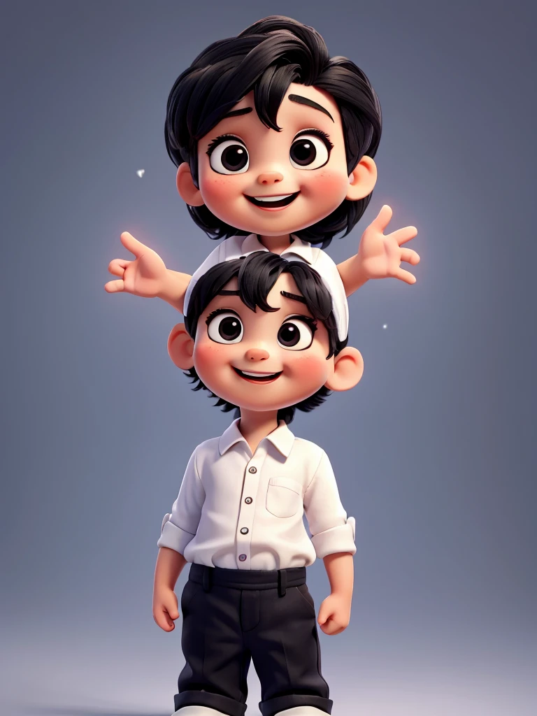 The image shows a cute baby with big smile standing with their left hand raised, making a gesture that could be interpreted as a love sign. They are wearing a white shirt and dark pants. The background is black.