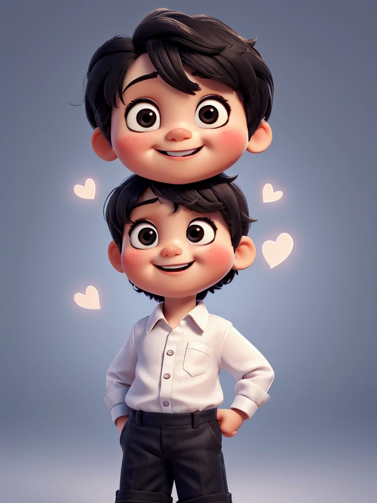 The image shows a cute baby with big smile standing with their left hand raised, making a gesture that could be interpreted as a love sign. They are wearing a white shirt and dark pants. The background is black.