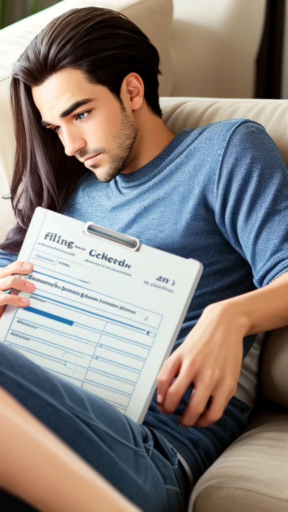 A humorous image of someone lying on a couch in casual clothes, but with a house viewing schedule in hand