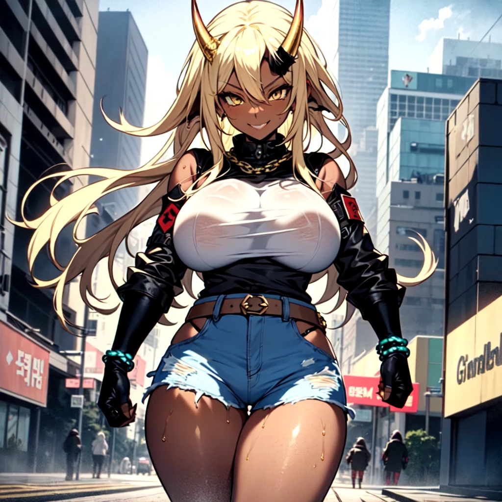 ((best quality)), ((masterpiece)), (detailed), 1girl, one girl, 8k_wallpaper, extremely detailed eyes, extremely detailed body, beautiful face, perfect face, detailed ((blonde hair)), (gold eyes), (( big blue horns)), {{dark skin}}, ({dark skinned female}), gigantic breasts, thick thighs, strong arm and leg muscles, strong abdominal muscles, Korean girl, a predatory mischievous smile with fangs, a vulgar smile, a playful look, style - a hot rock girl, a dark red open jacket with rolled up sleeves, a belt of yellow silk and gold chains, gold bracelets and leather short gloves, short denim mini shorts through which the outlines of a wet woman appear pussy, a rock guitar hanging behind his back, walking down the street of the evening city,