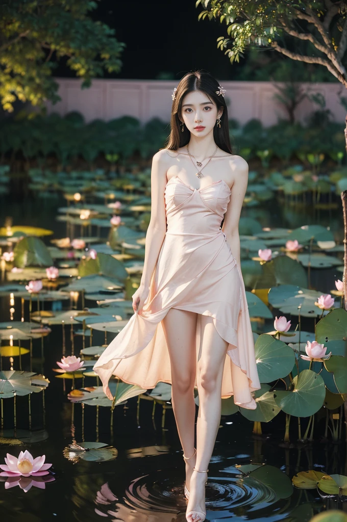 (((best quality))),(((ultra detailed))),(((masterpiece))),illustration,((1 beautiful young  girl,solo)),((slim,thin)),(shoulder length straight hair:1.2),((earrings,necklace)),((small breasts,flat chest)),(pink dress:1.3),((slender legs,high heels)),(beside the lotus pond full of lotus flowers:1.3), serene moonlight, ethereal,floral pattern, water movement, billowing fabric, tranquil,petals, fireflies, magical warm light, dreams, invitation, (standing:1.3),(arms behind back:1.3),gazing, inner thoughts, emotional, sweet scent, natural beauty, solitude, hypnotic lull, eternal summer,(night scene:1.3), natural world, human spirit, celebration, backdrop, glow,(from front:1.5),(full body:1.2)