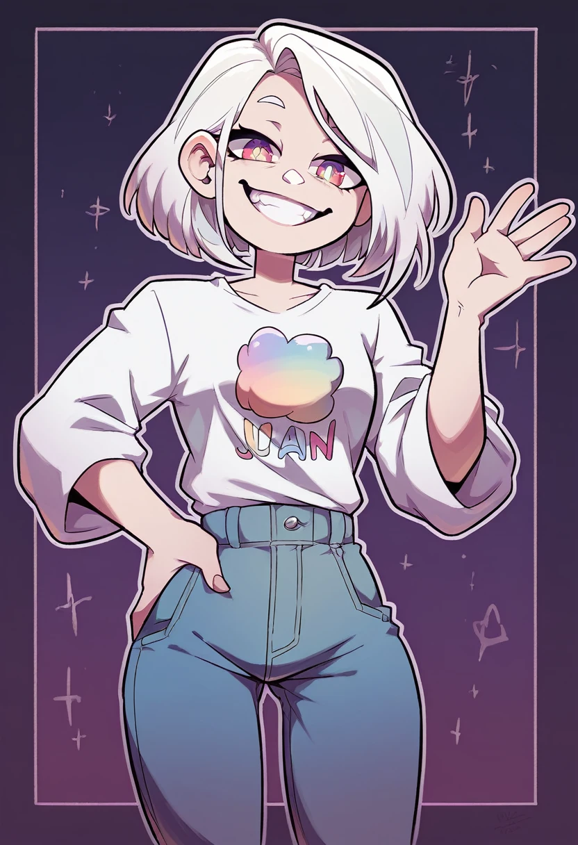 YouTuber,white hair, dark colorful eyes, standing happily with his hand hip and hand waving, plain white tee shirt, black jeans, big smile, plain white background, female , adult female, white outline