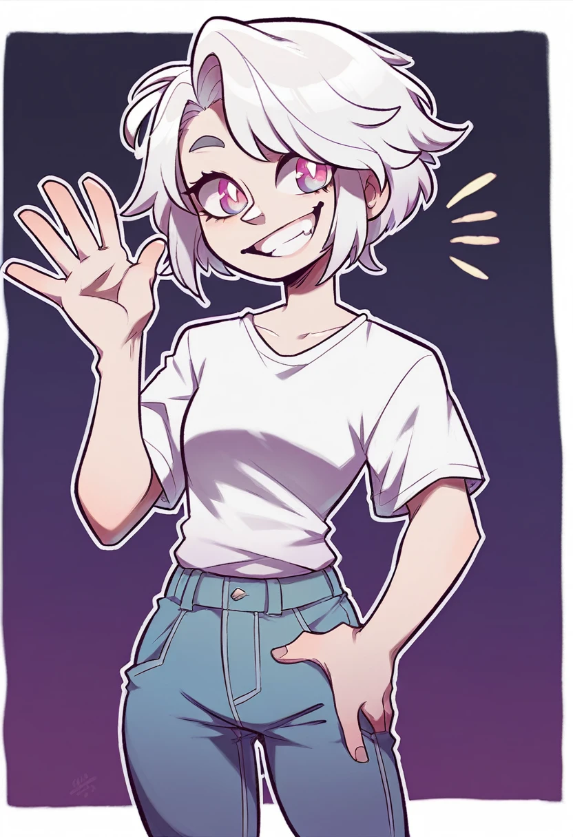YouTuber,white hair, dark colorful eyes, standing happily with his hand hip and hand waving, plain white tee shirt, black jeans, big smile, plain white background, female , adult female, white outline