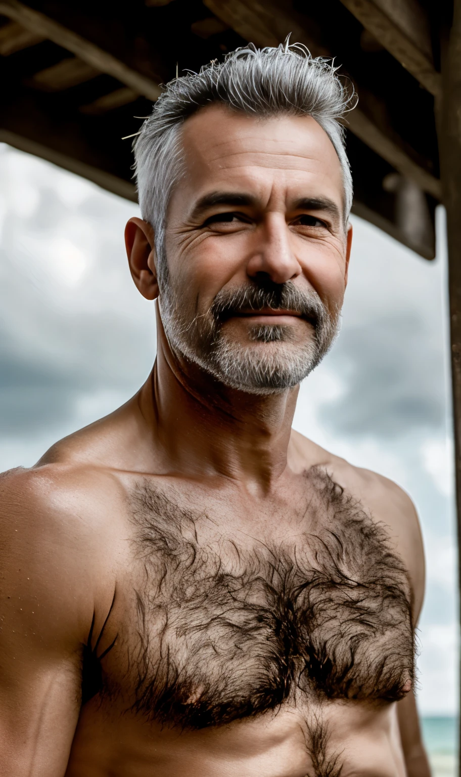 masterpiece, best quality, high resolution, closeup portrait, male focus, solo focus, A man, 60 years old, grey hair, in speedo, grey silver hair, messy hairstyle, cute and seductive face, old but attractive, bare chest, body hair, facial hair, pale skin, sun freckles, roman nose, very skinny body, hairy legs, cute, white chest hair, very hairy chest, dimples, scruffy beard, very hairy armpits, bold jawline , sweaty, in the background a beach on a cloudy day,  view from below, amazing composition, front view, HDR, ultra quality, elegant, highly detailed