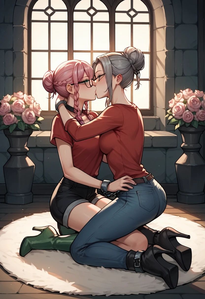 score_9, score_8_up, score_7_up, score_6_up, score_5_up, score_4_up, source_anime, 2girl, kissing, worth, pink hair, hair bun, black eyes, w-w-chain, shackles, worning arms, clean hair, red shirt, shorts, green boots, thigh boots, night, windows, carpet, flowers, dungeon, best quality, best res, 4K UHD,
1girl, gray hair, braids, green eyes, bracelet, undershirt, jacket, jeans, black stockings, high heels, kiss girl, hugging her, worth, full body, slim girls, cry, glasses, 
 