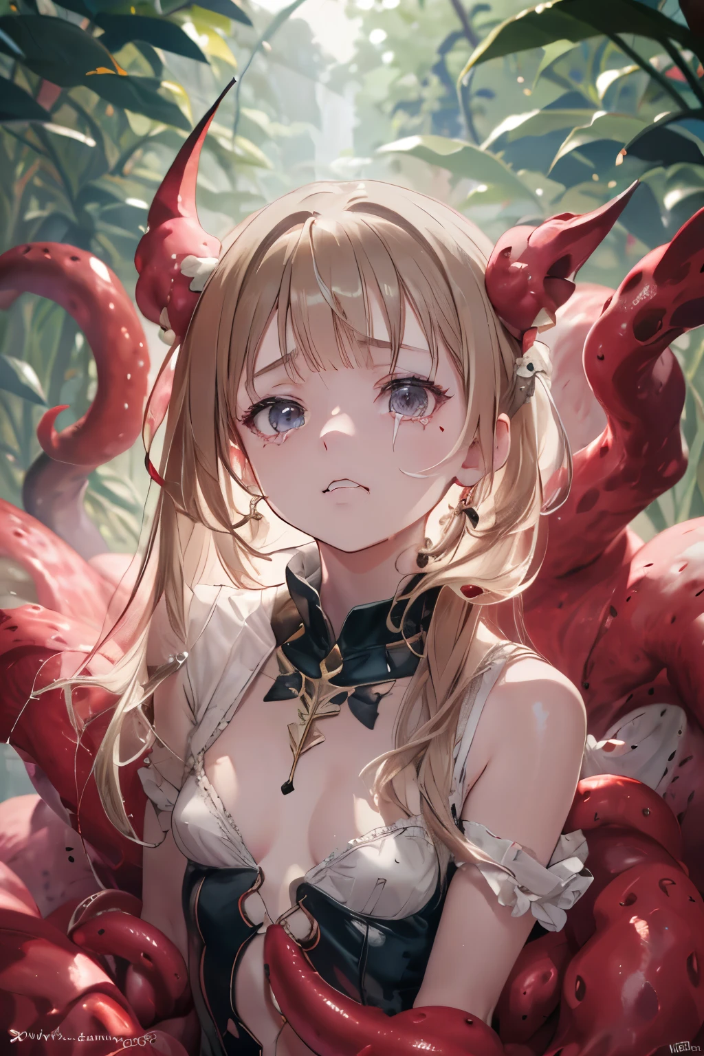 ((best quality)), ((masterpiece)), (detailed), 1girl, off-shoulder, a fairy, various different types of insect wings, NSFW,Small space,Covered with tentacles, Tentacles around the body, many tentacles, encoiled, captured by tentacles, bound, Fine details,Tentacled,Tied with tentacles, drooling,Crying,biting lip, gritting teeth, desperate, Detailed body,Full limbs,NSFW, wild environment, jungle, terrifying natural environment, horrific nature, predatory flora, fairy catcher, fairy trapper