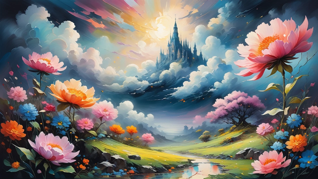 (((Diverse styles))), Detailed Scene, A quirky twist, Unique visuals, cloud, And flowers, Abstract, Surreal「Painted Light」, 「pastel colour, â€, 「Isolated Subjects, â€ âinnocent colours, Soft lighting, Dark Ink Shadow, Detailed and complex environment, masterpiece, Trace Effects, oilの美学, Thick brushwork, Mysterious charm, oil「Impressionism」, â€ âImpressionistic.â€Beautiful details, Stylized artistic aesthetics, Broken glass effect, No background, amazing, Something that doesn&#39;t exist, Mythical Beings, energy, Molecular, texture, Rainbow glowing scales, Breathtaking beauty, Pure perfection, The existence of God, Unforgettable, impressive, Breathtaking beauty, Volumetric Light, aura, light, Vivid colors are reflected