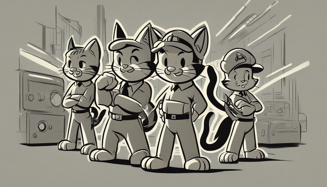 Generate an image in the style of a 1950s and 1960s advertisement featuring: personagem: three cat (like the vault boy) professioals hackers, like a super hero squad. The background should be simple and uncluttered. Use only this cores: limited color palette of gray tones Use: clear lines, thick lines, and bold outlines
