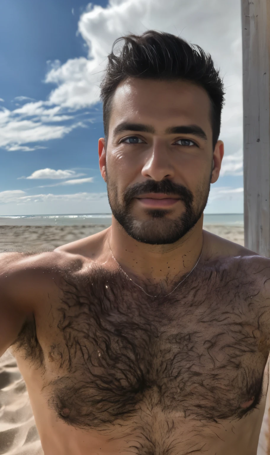 masterpiece, best quality, high resolution, closeup portrait, male focus, solo focus, A man, 60 years old, grey hair, in speedo, grey silver hair, messy hairstyle, cute and seductive face, old but attractive, bare chest, body hair, facial hair, pale skin, sun freckles, roman nose, very skinny body, hairy legs, cute, white chest hair, very hairy chest, dimples, scruffy beard, very hairy armpits, bold jawline , sweaty, in the background a beach on a cloudy day, view from below, amazing composition, front view, HDR, ultra quality, elegant, highly detailed