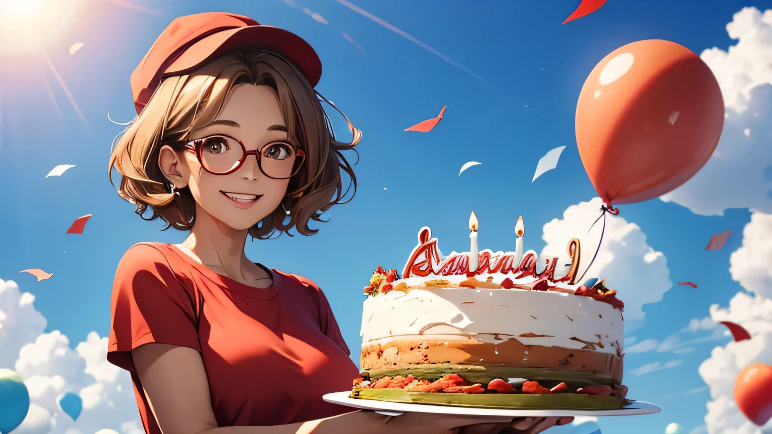 55-year-old woman, with light brown, wavy and short hair, with round glasses, red shirt, with a birthday hat, in the sky full of joy smiling