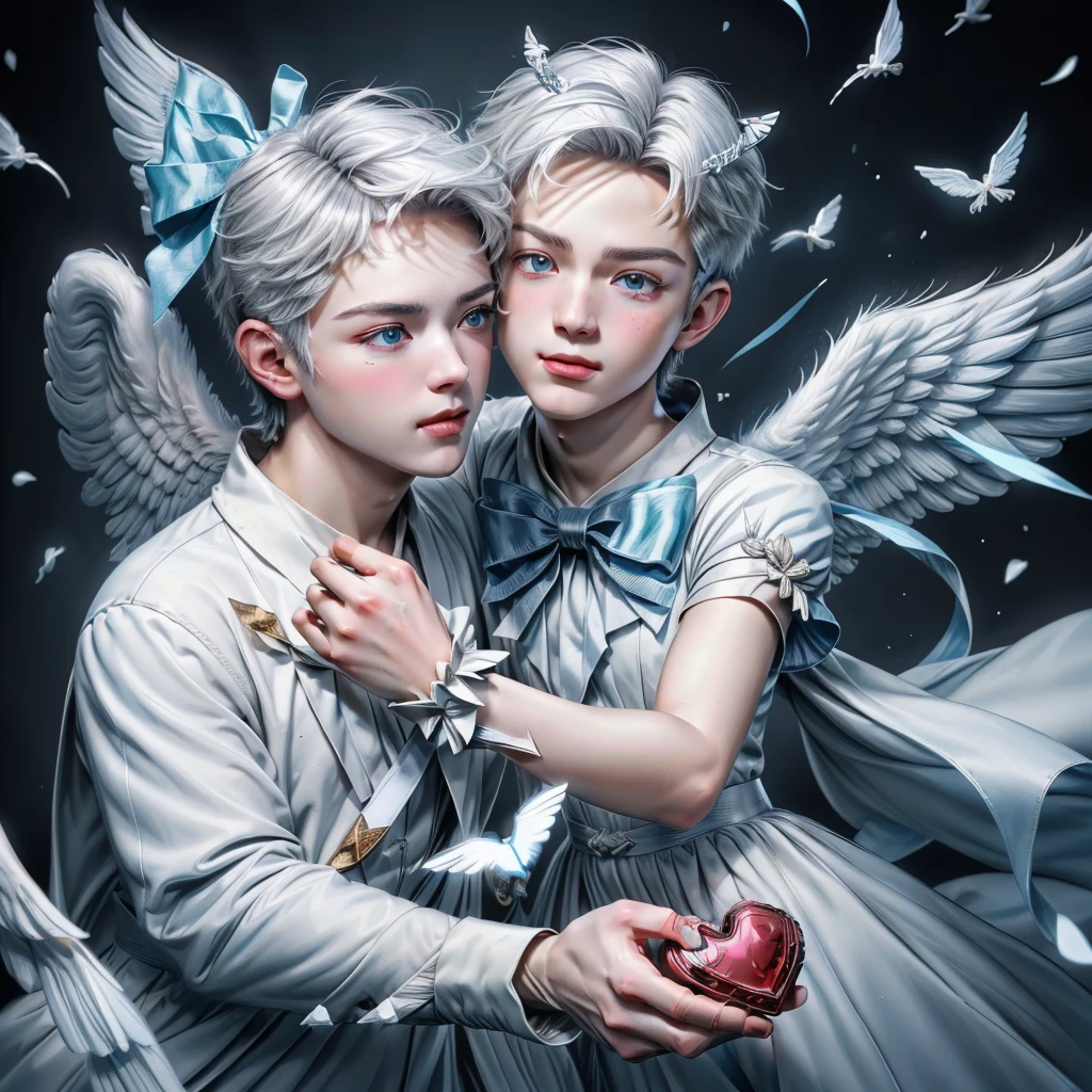 (max resolution: 1.2), (Ultra HDTV: 1.2), 8K resolution, Eye and skin details, face details, Body details, Limb details, (Sharp focus: 1.2 ), (Accurate focus) sharp face: 1.2), Cupid, (((Boy))), white hair, flying, white wings, (((hand holding love bow))),